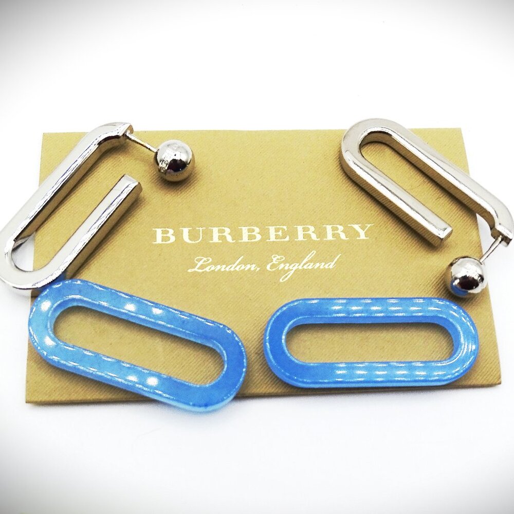 BURBERRY Two-in-One Rhodium Plated Blue Resin Convertible Dangle Earrings - Picture 2 of 12